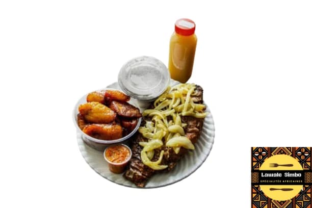 Menu poisson aux oignons, alloko, dégué et jus maison